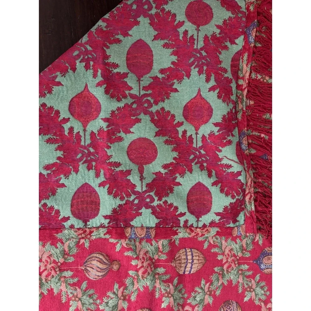 Christmas Table Topper Upholstery Fabric Fringed Holiday Bulbs Cover 49